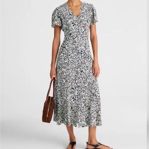 Madewell Black and White Floral V‑Neck Midi Dress with Pink Highlights